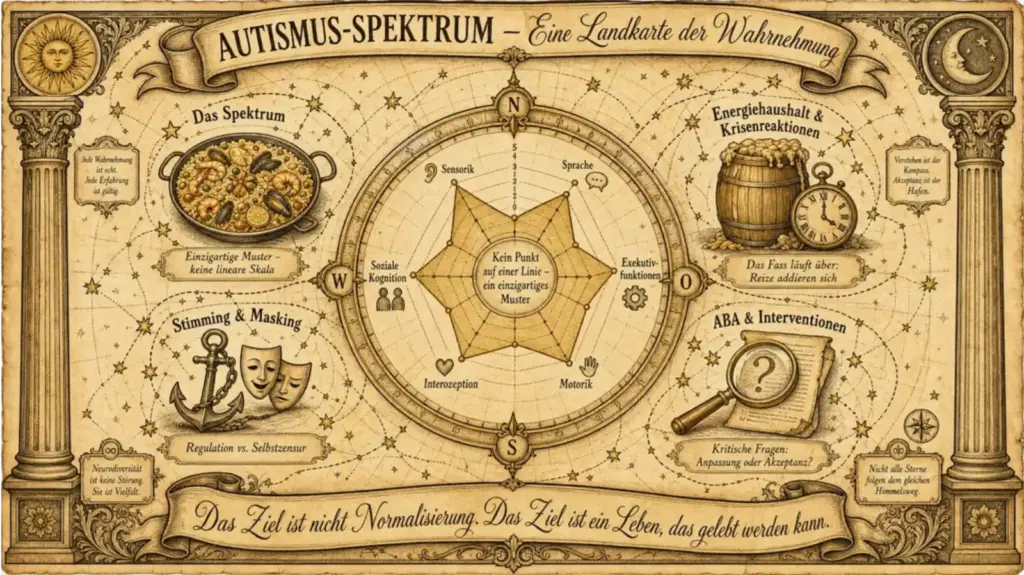 Querformat-Illustration im Pergamentstil mit der Überschrift "Autismus-Spektrum – Eine Landkarte der Wahrnehmung". Im Zentrum eine großformatige Kompassrose mit einem Spinnennetz-Diagramm (Radardiagramm), dessen sechs Achsen die Bereiche Sensorik, Sprache, Exekutivfunktionen, Motorik, Interozeption und Soziale Kognition beschriften. Jede Achse ist mit Skala von 0 bis 5 versehen; die eingezeichnete Linie bildet ein unregelmäßiges, individuelles Muster. In der Mitte steht: "Kein Punkt auf einer Linie – ein einzigartiges Muster." Vier Themenfelder umgeben das Diagramm. Oben links "Das Spektrum": eine Paella-Pfanne mit bunten Zutaten, beschriftet "Einzigartige Muster – keine lineare Skala". Unten links "Stimming & Masking": ein Anker mit zwei Theatermasken, beschriftet "Regulation vs. Selbstzensur". Oben rechts "Energiehaushalt & Krisenreaktionen": ein überlaufendes Holzfass neben einer Taschenuhr, beschriftet "Das Fass läuft über: Reize addieren sich". Unten rechts "ABA & Interventionen": ein Blatt Papier mit Lupe und Fragezeichen, beschriftet "Kritische Fragen: Anpassung oder Akzeptanz?". Links außen, neben der linken Säule, ein kleines Schriftband: "Jede Wahrnehmung ist echt. Jede Erfahrung ist gültig." Rechts außen ein Schriftband: "Verstehen ist der Kompass. Akzeptanz ist der Hafen." Unten links steht: "Neurodiversität ist keine Störung. Sie ist Vielfalt." Unten rechts: "Nicht alle Sterne folgen dem gleichen Himmelsweg." Ein Spruchband am unteren Rand trägt den Text: "Das Ziel ist nicht Normalisierung. Das Ziel ist ein Leben, das gelebt werden kann." Die Illustration ist von zwei Säulen mit Sonnen- und Mondsymbolen gerahmt.
