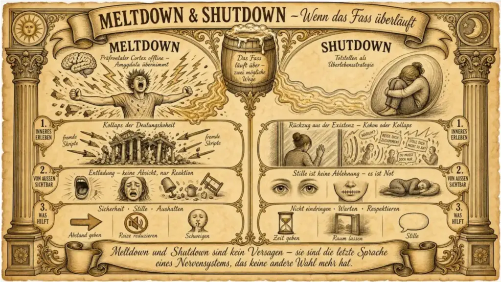 Querformat-Illustration im Stil eines antiken Pergaments mit der Überschrift "Meltdown & Shutdown – Wenn das Fass überläuft". Mittig ein überlaufendes Holzfass als zentrales Symbol. Links die Spalte "Meltdown" mit einem schreienden Menschen, umgeben von Blitzen, daneben ein Gehirn mit der Beschriftung "Präfrontaler Cortex offline – Amygdala übernimmt". Darunter drei Kästen: 1. "Kollaps der Deutungshoheit" mit einstürzenden griechischen Säulen, von Pfeilen mit der Aufschrift "fremde Skripte" durchbohrt; 2. "Entladung – keine Absicht, nur Reaktion" mit schreiendem Mund, weinendem Gesicht und umgestürzten Möbeln; 3. "Sicherheit · Stille · Aushalten" mit Symbolen für Abstand geben (Pfeil), Reize reduzieren (durchgestrichenes Lautsprechersymbol) und Schweigen (Person mit Hand vor dem Mund). Rechts die Spalte "Shutdown" mit einer zusammengekauerten Person in einem Kokon, daneben die Beschriftung "Totstellen als Überlebensstrategie". Darunter drei Kästen: 1. "Rückzug aus der Existenz – Kokon oder Kollaps" mit einer Person, die sich von einer Glasscheibe abwendet, während Sprechblasen mit Sätzen wie "Reiß dich zusammen!" und "Stell dich nicht so an!" von außen eindringen; 2. "Stille ist keine Ablehnung – es ist Not" mit leeren Augen, einem zugenähten Mund und einer liegenden Person; 3. "Nicht eindringen · Warten · Respektieren" mit einer Sanduhr (Zeit geben), einer offenen Tür (Raum lassen) und einer leeren Sprechblase (Stille). Am unteren Rand auf einem Spruchband der Text: "Meltdown und Shutdown sind kein Versagen – sie sind die letzte Sprache eines Nervensystems, das keine andere Wahl mehr hat." Gerahmt wird die Illustration von zwei Säulen mit Sonnen- und Mondsymbolen.