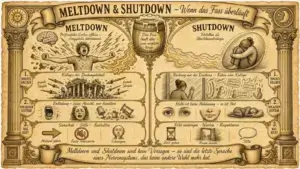 Querformat-Illustration im Stil eines antiken Pergaments mit der Überschrift "Meltdown & Shutdown – Wenn das Fass überläuft". Mittig ein überlaufendes Holzfass als zentrales Symbol. Links die Spalte "Meltdown" mit einem schreienden Menschen, umgeben von Blitzen, daneben ein Gehirn mit der Beschriftung "Präfrontaler Cortex offline – Amygdala übernimmt". Darunter drei Kästen: 1. "Kollaps der Deutungshoheit" mit einstürzenden griechischen Säulen, von Pfeilen mit der Aufschrift "fremde Skripte" durchbohrt; 2. "Entladung – keine Absicht, nur Reaktion" mit schreiendem Mund, weinendem Gesicht und umgestürzten Möbeln; 3. "Sicherheit · Stille · Aushalten" mit Symbolen für Abstand geben (Pfeil), Reize reduzieren (durchgestrichenes Lautsprechersymbol) und Schweigen (Person mit Hand vor dem Mund). Rechts die Spalte "Shutdown" mit einer zusammengekauerten Person in einem Kokon, daneben die Beschriftung "Totstellen als Überlebensstrategie". Darunter drei Kästen: 1. "Rückzug aus der Existenz – Kokon oder Kollaps" mit einer Person, die sich von einer Glasscheibe abwendet, während Sprechblasen mit Sätzen wie "Reiß dich zusammen!" und "Stell dich nicht so an!" von außen eindringen; 2. "Stille ist keine Ablehnung – es ist Not" mit leeren Augen, einem zugenähten Mund und einer liegenden Person; 3. "Nicht eindringen · Warten · Respektieren" mit einer Sanduhr (Zeit geben), einer offenen Tür (Raum lassen) und einer leeren Sprechblase (Stille). Am unteren Rand auf einem Spruchband der Text: "Meltdown und Shutdown sind kein Versagen – sie sind die letzte Sprache eines Nervensystems, das keine andere Wahl mehr hat." Gerahmt wird die Illustration von zwei Säulen mit Sonnen- und Mondsymbolen.