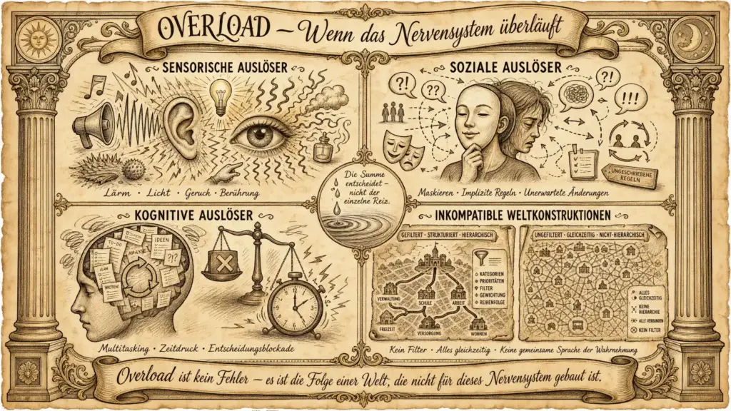 Illustration auf beige-farbenem Hintergrund mit schwarzen Konturen und Akzenten in Gold und Braun. Zwei korinthische Säulen rahmen die Sketchnote ein. Oben links eine Sonne, oben rechts ein Halbmond mit Sternen. Oben mittig ein Banner: ‚Overload – Wenn das Nervensystem überläuft'. Vier Quadranten, durch ein Kreuz geteilt, im Zentrum ein Tropfen mit Wellenkreisen: ‚Die Summe entscheidet – nicht der einzelne Reiz.' Links oben ‚Sensorische Auslöser': Lautsprecher mit Schallwellen, Ohr, Glühbirne mit Strahlen, ein großes Auge, eine Parfümflasche mit Geruchslinien, ein Igel und eine stachelige Kugel. Labels: ‚Lärm · Licht · Geruch · Berührung'. Rechts oben ‚Soziale Auslöser': Ein Gesicht mit nachdenklichem Ausdruck, umgeben von Sprechblasen mit Fragezeichen und Ausrufezeichen, Theatermasken, Pfeilen in alle Richtungen und einer Tafel ‚Ungeschriebene Regeln'. Labels: ‚Maskieren · Implizite Regeln · Unerwartete Änderungen'. Links unten ‚Kognitive Auslöser': Ein Kopf voller Notizzettel mit ‚To-Do', ‚Ideen', ‚Analyse'. Eine Waage mit durchgestrichenem X, ein klingelnder Wecker mit Blitzen. Labels: ‚Multitasking · Zeitdruck · Entscheidungsblockade'. Rechts unten ‚Inkompatible Weltkonstruktionen': Zwei Karten nebeneinander. Links eine hierarchische Baumstruktur mit Trichter: ‚Gefiltert · Strukturiert · Hierarchisch' – Kategorien, Prioritäten, Filter, Gewichtung, Reihenfolge, mit Stationen wie Verwaltung, Schule, Arbeit, Freizeit, Versorgung, Wohnen. Rechts ein dichtes Netzwerk ohne Hierarchie: ‚Ungefiltert · Gleichzeitig · Nicht-hierarchisch' – Alles gleichzeitig, Keine Hierarchie, Alle verbunden, Kein Filter. Labels: ‚Kein Filter · Alles gleichzeitig · Keine gemeinsame Sprache der Wahrnehmung'. Unten ein Banner: ‚Overload ist kein Fehler – es ist die Folge einer Welt, die nicht für dieses Nervensystem gebaut ist.'