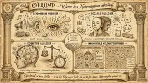 Illustration auf beige-farbenem Hintergrund mit schwarzen Konturen und Akzenten in Gold und Braun. Zwei korinthische Säulen rahmen die Sketchnote ein. Oben links eine Sonne, oben rechts ein Halbmond mit Sternen. Oben mittig ein Banner: ‚Overload – Wenn das Nervensystem überläuft'. Vier Quadranten, durch ein Kreuz geteilt, im Zentrum ein Tropfen mit Wellenkreisen: ‚Die Summe entscheidet – nicht der einzelne Reiz.' Links oben ‚Sensorische Auslöser': Lautsprecher mit Schallwellen, Ohr, Glühbirne mit Strahlen, ein großes Auge, eine Parfümflasche mit Geruchslinien, ein Igel und eine stachelige Kugel. Labels: ‚Lärm · Licht · Geruch · Berührung'. Rechts oben ‚Soziale Auslöser': Ein Gesicht mit nachdenklichem Ausdruck, umgeben von Sprechblasen mit Fragezeichen und Ausrufezeichen, Theatermasken, Pfeilen in alle Richtungen und einer Tafel ‚Ungeschriebene Regeln'. Labels: ‚Maskieren · Implizite Regeln · Unerwartete Änderungen'. Links unten ‚Kognitive Auslöser': Ein Kopf voller Notizzettel mit ‚To-Do', ‚Ideen', ‚Analyse'. Eine Waage mit durchgestrichenem X, ein klingelnder Wecker mit Blitzen. Labels: ‚Multitasking · Zeitdruck · Entscheidungsblockade'. Rechts unten ‚Inkompatible Weltkonstruktionen': Zwei Karten nebeneinander. Links eine hierarchische Baumstruktur mit Trichter: ‚Gefiltert · Strukturiert · Hierarchisch' – Kategorien, Prioritäten, Filter, Gewichtung, Reihenfolge, mit Stationen wie Verwaltung, Schule, Arbeit, Freizeit, Versorgung, Wohnen. Rechts ein dichtes Netzwerk ohne Hierarchie: ‚Ungefiltert · Gleichzeitig · Nicht-hierarchisch' – Alles gleichzeitig, Keine Hierarchie, Alle verbunden, Kein Filter. Labels: ‚Kein Filter · Alles gleichzeitig · Keine gemeinsame Sprache der Wahrnehmung'. Unten ein Banner: ‚Overload ist kein Fehler – es ist die Folge einer Welt, die nicht für dieses Nervensystem gebaut ist.'