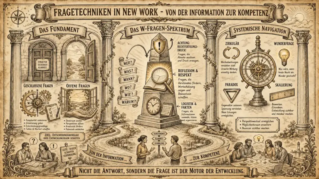 Querformat-Illustration im Pergamentstil mit der Überschrift "Fragetechniken in New Work – Von der Information zur Kompetenz", gegliedert in drei Abschnitte durch korinthische Säulen. Links "Das Fundament": eine geschlossene Tür mit den Worten "Struktur · Sicherheit · Klarheit" und daneben eine offene Tür mit Blick auf einen Weg. Darunter zwei Spalten – "Geschlossene Fragen" mit einem Kompass und einer Checkliste (Stichworte: Komplexität reduzieren, Orientierung geben, Entscheidungsgrundlage, Fakten & Klarheit schaffen) und "Offene Fragen" mit einem offenen Fenster (Stichworte: Denkraum weiten, Perspektiven öffnen, Kreativität fördern, Potenziale entdecken). Unten links eine Gesprächsszene zwischen zwei Personen mit den Symbolen für Frage und Aussage sowie dem Hinweis "Gute Fragen schaffen Verbindung" und "Ziel: Entscheidungsgrundlage oder Entwicklungsraum schaffen". Mitte "Das W-Fragen-Spektrum": ein Obelisk auf einem Sockel, an dem die W-Fragen Wer?, Was?, Wann?, Wo?, Wie?, Warum? auf Spruchbändern aufgelistet sind, flankiert von einer Uhr und einem Kalender. Rechts davon drei beschriftete Kästen: "Achtung: Rechtfertigungsdruck! – Fragen, die Abwehr auslösen und Druck erzeugen", "Reflexion & Respekt – Fragen, die Verständnis fördern, Wertschätzung zeigen und Bewusstsein schaffen" und "Logistik & Fakten – Fragen, die Informationen sammeln, klären und organisieren". Unten Mitte eine Person im Gespräch mit einer anderen, an einem Wegweiser mit den Beschriftungen "Verständnis", "Klarheit" und "Handlung", begleitet von den Texten "Von der Information …" und "… zur Kompetenz". Rechts "Systemische Navigation": ein Steuerrad als zentrales Symbol, umgeben von vier Fragetypen – "Zirkulär" (Pfeilkreis, Wechselwirkungen verstehen statt Ursache-Wirkung einseitig denken), "Wunderfrage" (Glühbirne, Was wäre, wenn heute Nacht ein Wunder geschieht?), "Paradox" (Dreieck, Gegensätze zulassen, Spannung verstehen, neue Lösungen ermöglichen) und "Skalierung" (Lineal, Bewerten, Einordnen, Entwicklung sichtbar und messbar machen). Unten rechts eine Gruppenszene von drei Personen um einen Tisch. Unten ein Text: "Perspektivwechsel ermöglichen · Möglichkeitsraum erweitern · Nuancen sichtbar machen". Ein Spruchband am unteren Rand trägt den Text: "Nicht die Antwort, sondern die Frage ist der Motor der Entwicklung."