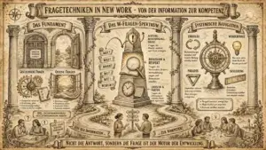 Querformat-Illustration im Pergamentstil mit der Überschrift "Fragetechniken in New Work – Von der Information zur Kompetenz", gegliedert in drei Abschnitte durch korinthische Säulen. Links "Das Fundament": eine geschlossene Tür mit den Worten "Struktur · Sicherheit · Klarheit" und daneben eine offene Tür mit Blick auf einen Weg. Darunter zwei Spalten – "Geschlossene Fragen" mit einem Kompass und einer Checkliste (Stichworte: Komplexität reduzieren, Orientierung geben, Entscheidungsgrundlage, Fakten & Klarheit schaffen) und "Offene Fragen" mit einem offenen Fenster (Stichworte: Denkraum weiten, Perspektiven öffnen, Kreativität fördern, Potenziale entdecken). Unten links eine Gesprächsszene zwischen zwei Personen mit den Symbolen für Frage und Aussage sowie dem Hinweis "Gute Fragen schaffen Verbindung" und "Ziel: Entscheidungsgrundlage oder Entwicklungsraum schaffen". Mitte "Das W-Fragen-Spektrum": ein Obelisk auf einem Sockel, an dem die W-Fragen Wer?, Was?, Wann?, Wo?, Wie?, Warum? auf Spruchbändern aufgelistet sind, flankiert von einer Uhr und einem Kalender. Rechts davon drei beschriftete Kästen: "Achtung: Rechtfertigungsdruck! – Fragen, die Abwehr auslösen und Druck erzeugen", "Reflexion & Respekt – Fragen, die Verständnis fördern, Wertschätzung zeigen und Bewusstsein schaffen" und "Logistik & Fakten – Fragen, die Informationen sammeln, klären und organisieren". Unten Mitte eine Person im Gespräch mit einer anderen, an einem Wegweiser mit den Beschriftungen "Verständnis", "Klarheit" und "Handlung", begleitet von den Texten "Von der Information …" und "… zur Kompetenz". Rechts "Systemische Navigation": ein Steuerrad als zentrales Symbol, umgeben von vier Fragetypen – "Zirkulär" (Pfeilkreis, Wechselwirkungen verstehen statt Ursache-Wirkung einseitig denken), "Wunderfrage" (Glühbirne, Was wäre, wenn heute Nacht ein Wunder geschieht?), "Paradox" (Dreieck, Gegensätze zulassen, Spannung verstehen, neue Lösungen ermöglichen) und "Skalierung" (Lineal, Bewerten, Einordnen, Entwicklung sichtbar und messbar machen). Unten rechts eine Gruppenszene von drei Personen um einen Tisch. Unten ein Text: "Perspektivwechsel ermöglichen · Möglichkeitsraum erweitern · Nuancen sichtbar machen". Ein Spruchband am unteren Rand trägt den Text: "Nicht die Antwort, sondern die Frage ist der Motor der Entwicklung."