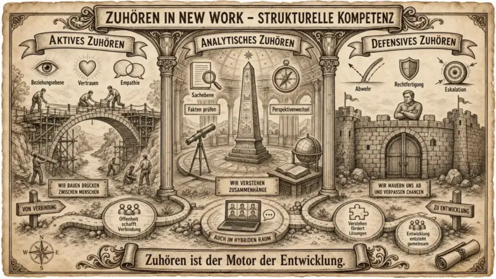 Querformat-Illustration im Pergamentstil mit der Überschrift "Zuhören in New Work – Strukturelle Kompetenz", dreigeteilt durch zwei korinthische Säulen. Links die Spalte "Aktives Zuhören" mit einer im Bau befindlichen Bogenbrücke, an der mehrere Personen arbeiten. Über der Szene drei Symbole: Auge (Beziehungsebene), Herz (Vertrauen) und zwei überlappende Sprechblasen (Empathie). Unten der Text "Wir bauen Brücken zwischen Menschen", daneben eine Oval-Beschriftung "Offenheit schafft Verbindung". Links unten ein Wegweiser: "Von Verbindung". Mitte die Spalte "Analytisches Zuhören" mit einer antiken Säulenhalle, darin ein Obelisk auf einem Sockel, ein Teleskop auf Stativ und ein Globus mit aufgeschlagenem Buch. Zwei Etiketten flankieren den Obelisken: "Fakten prüfen" und "Perspektivenwechsel". Darüber ein Kompass, über der Halle der Hinweis "Sachebene". Unten der Text "Wir verstehen Zusammenhänge", darunter ein aufgeklappter Laptop mit Videokonferenz-Symbolen und der Beschriftung "Auch im hybriden Raum". Rechts die Spalte "Defensives Zuhören" mit einer mittelalterlichen Burg mit verschlossenen Toren, davor eine Person mit verschränkten Armen. Drei Pfeile zeigen auf Schilde und Zielscheiben mit den Beschriftungen "Abwehr", "Rechtfertigung" und "Eskalation". Unten der Text "Wir mauern uns ab und verpassen Chancen". Unten rechts zwei Ovale: "Verstehen fördert Lösungen" und "Entwicklung entsteht gemeinsam", daneben ein Wegweiser "Zu Entwicklung" und eine aufgerollte Schriftrolle. Unten links ein Kompass. Ein Spruchband am unteren Rand trägt den Text: "Zuhören ist der Motor der Entwicklung."