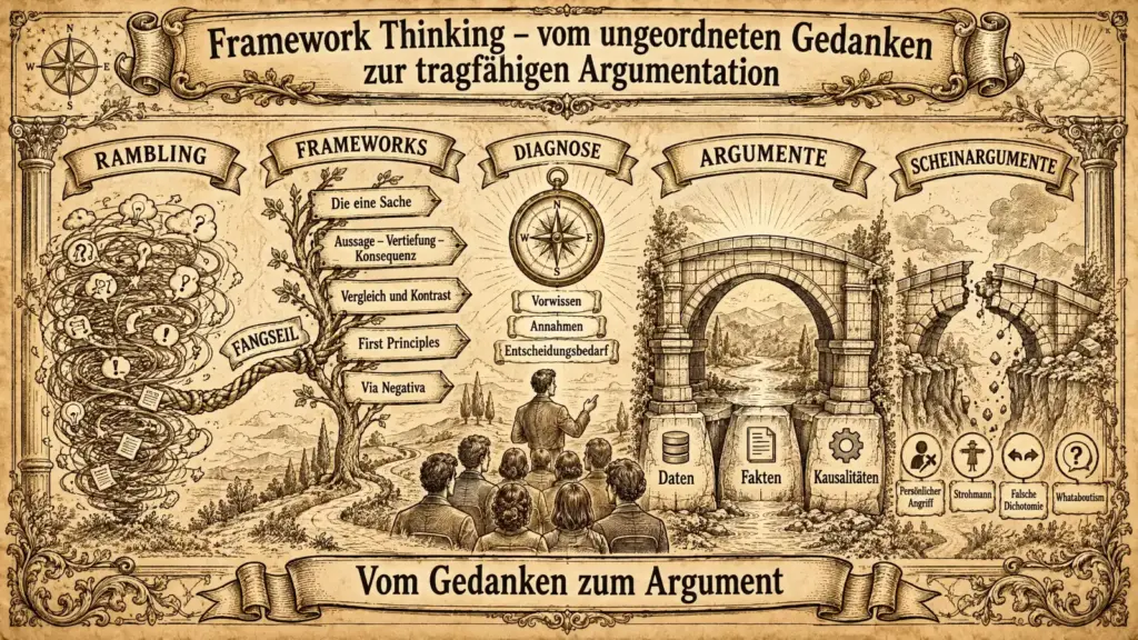 Querformat-Illustration im Pergamentstil mit der Überschrift "Framework Thinking – vom ungeordneten Gedanken zur tragfähigen Argumentation", gegliedert in fünf Spalten. Links "Rambling": ein chaotischer Wirbel aus Fragezeichen, Ausrufezeichen, Sprechblasen und Papierfetzen, der eine sich verzweigende, unkontrollierte Gedankenbewegung darstellt. Daneben ein dickes Seil, beschriftet "Fangseil", das in einen Baum mit Wegweisern übergeht. Die Wegweiser bilden die Spalte "Frameworks" mit fünf Einträgen: "Die eine Sache", "Aussage – Vertiefung – Konsequenz", "Vergleich und Kontrast", "First Principles" und "Via Negativa". Davor eine Gruppe von Personen von hinten, die einer einzelnen Person zuhört, die auf eine Landschaft zeigt – als Bild für strukturiertes Vermitteln. Mitte "Diagnose": ein großer Kompass, darunter drei Etiketten – Vorwissen, Annahmen, Entscheidungsbedarf. Rechts "Argumente": ein intakter Steinbogen über einem Fluss, getragen von drei Sockeln mit den Beschriftungen Daten, Fakten und Kausalitäten – als Bild für eine tragfähige Argumentation. Ganz rechts "Scheinargumente": derselbe Bogen, aber einsturzgefährdet und mit bröckelnden Steinen, darunter vier Symbole mit den Beschriftungen Persönlicher Angriff, Strohmann, Falsche Dichotomie und Whataboutism. Ein Spruchband am unteren Rand trägt den Text: "Vom Gedanken zum Argument." Die Illustration ist von zwei Säulen mit einem Kompass oben links gerahmt.