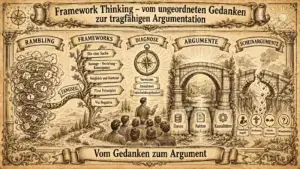 Querformat-Illustration im Pergamentstil mit der Überschrift "Framework Thinking – vom ungeordneten Gedanken zur tragfähigen Argumentation", gegliedert in fünf Spalten. Links "Rambling": ein chaotischer Wirbel aus Fragezeichen, Ausrufezeichen, Sprechblasen und Papierfetzen, der eine sich verzweigende, unkontrollierte Gedankenbewegung darstellt. Daneben ein dickes Seil, beschriftet "Fangseil", das in einen Baum mit Wegweisern übergeht. Die Wegweiser bilden die Spalte "Frameworks" mit fünf Einträgen: "Die eine Sache", "Aussage – Vertiefung – Konsequenz", "Vergleich und Kontrast", "First Principles" und "Via Negativa". Davor eine Gruppe von Personen von hinten, die einer einzelnen Person zuhört, die auf eine Landschaft zeigt – als Bild für strukturiertes Vermitteln. Mitte "Diagnose": ein großer Kompass, darunter drei Etiketten – Vorwissen, Annahmen, Entscheidungsbedarf. Rechts "Argumente": ein intakter Steinbogen über einem Fluss, getragen von drei Sockeln mit den Beschriftungen Daten, Fakten und Kausalitäten – als Bild für eine tragfähige Argumentation. Ganz rechts "Scheinargumente": derselbe Bogen, aber einsturzgefährdet und mit bröckelnden Steinen, darunter vier Symbole mit den Beschriftungen Persönlicher Angriff, Strohmann, Falsche Dichotomie und Whataboutism. Ein Spruchband am unteren Rand trägt den Text: "Vom Gedanken zum Argument." Die Illustration ist von zwei Säulen mit einem Kompass oben links gerahmt.