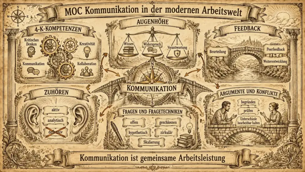 Querformat-Illustration im Pergamentstil mit der Überschrift "MOC Kommunikation in der modernen Arbeitswelt", gegliedert in sechs Felder um einen zentralen Kompass. Oben links "4-K-Kompetenzen": vier ineinandergreifende Zahnräder mit den Beschriftungen Kritisches Denken (Kopf mit Zahnrad), Kreativität (Glühbirne), Kommunikation (Sprechblasen) und Kollaboration (Personengruppe). Oben Mitte "Augenhöhe": eine Waage mit zwei Schalen, beschriftet Wissen (Bücherstapel) und Widerspruch (Sprechblasen), darunter Verantwortung (Schutzschild). Oben rechts "Feedback": eine Steinbogenbrücke über einen Fluss, flankiert von den Begriffen Beurteilung, Format, Peerfeedback und Weiterentwicklung. Unten links "Zuhören": zwei große Ohren, dazwischen drei Etiketten – aktiv, analytisch und defensiv (durchgestrichen). Unten Mitte "Fragen und Fragetechniken": ein Füller und Bücherstapel, umgeben von fünf Fragetypen – offen, geschlossen, hypothetisch, zirkulär und Skalierung – sowie einer Glühbirne. Unten rechts "Argumente und Konflikte": zwei Personen im Gespräch über einer Steinmauer, daneben die Stichworte begründen, prüfen und Unterschiede bearbeitbar halten. Im Zentrum ein großer Kompass mit der Beschriftung "Kommunikation". Ein Spruchband am unteren Rand trägt den Text: "Kommunikation ist gemeinsame Arbeitsleistung."