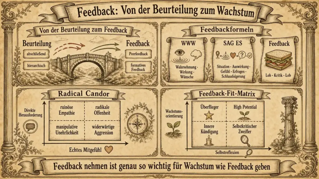 Querformat-Illustration im Pergamentstil mit der Überschrift "Feedback: Von der Beurteilung zum Wachstum", unterteilt in vier Felder. Oben links "Von der Beurteilung zum Feedback": eine Steinbogenbrücke über einen Fluss, links davon die Beschriftung "Beurteilung" mit den Stichworten "abschließend" und "hierarchisch", rechts davon "Feedback" mit den Stichworten "Peerfeedback" und "formatives Feedback". Ein roter Pfeil (Beurteilung) und ein grüner Pfeil (Feedback) zeigen die Richtung des Übergangs an. Oben rechts "Feedbackformeln": drei Schriftrollen nebeneinander – "WWW" mit Auge und Wasserwellen-Symbol (Wahrnehmung · Wirkung · Wünsche), "SAG ES" mit Kompass- und Herzsymbol (Situation · Auswirkung · Gefühl · Erfragen · Schlussfolgerung) und "Feedback-Sandwich" mit einer Sandwich-Zeichnung (Lob · Kritik · Lob). Unten links "Radical Candor": ein Vier-Felder-Koordinatensystem mit den Achsen "Direkte Herausforderung" (vertikal) und "Echtes Mitgefühl" (horizontal, mit Herzsymbol). Die vier Quadranten sind beschriftet: oben links "ruinöse Empathie", oben rechts "radikale Offenheit", unten links "manipulative Unehrlichkeit", unten rechts "widerwärtige Aggression". Links daneben ein Sprechblasen-Symbol. Daneben ein Kompass. Unten rechts "Feedback-Fit-Matrix": ein Vier-Felder-Koordinatensystem mit den Achsen "Wachstumsorientierung" (vertikal, mit Pflanzensymbol) und "Selbstreflexion" (horizontal, mit Lupe). Die vier Quadranten sind beschriftet: oben links "Überflieger" (Stern), oben rechts "High Potential" (Pflanzensymbol), unten links "Innere Kündigung" (Kerzensymbol), unten rechts "Selbstkritischer Zweifler" (Lupe). Rechts daneben eine mit Efeu bewachsene Säule. Ein Spruchband am unteren Rand trägt den Text: "Feedback nehmen ist genau so wichtig für Wachstum wie Feedback geben"