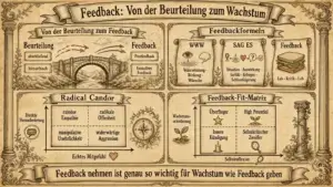 Querformat-Illustration im Pergamentstil mit der Überschrift "Feedback: Von der Beurteilung zum Wachstum", unterteilt in vier Felder. Oben links "Von der Beurteilung zum Feedback": eine Steinbogenbrücke über einen Fluss, links davon die Beschriftung "Beurteilung" mit den Stichworten "abschließend" und "hierarchisch", rechts davon "Feedback" mit den Stichworten "Peerfeedback" und "formatives Feedback". Ein roter Pfeil (Beurteilung) und ein grüner Pfeil (Feedback) zeigen die Richtung des Übergangs an. Oben rechts "Feedbackformeln": drei Schriftrollen nebeneinander – "WWW" mit Auge und Wasserwellen-Symbol (Wahrnehmung · Wirkung · Wünsche), "SAG ES" mit Kompass- und Herzsymbol (Situation · Auswirkung · Gefühl · Erfragen · Schlussfolgerung) und "Feedback-Sandwich" mit einer Sandwich-Zeichnung (Lob · Kritik · Lob). Unten links "Radical Candor": ein Vier-Felder-Koordinatensystem mit den Achsen "Direkte Herausforderung" (vertikal) und "Echtes Mitgefühl" (horizontal, mit Herzsymbol). Die vier Quadranten sind beschriftet: oben links "ruinöse Empathie", oben rechts "radikale Offenheit", unten links "manipulative Unehrlichkeit", unten rechts "widerwärtige Aggression". Links daneben ein Sprechblasen-Symbol. Daneben ein Kompass. Unten rechts "Feedback-Fit-Matrix": ein Vier-Felder-Koordinatensystem mit den Achsen "Wachstumsorientierung" (vertikal, mit Pflanzensymbol) und "Selbstreflexion" (horizontal, mit Lupe). Die vier Quadranten sind beschriftet: oben links "Überflieger" (Stern), oben rechts "High Potential" (Pflanzensymbol), unten links "Innere Kündigung" (Kerzensymbol), unten rechts "Selbstkritischer Zweifler" (Lupe). Rechts daneben eine mit Efeu bewachsene Säule. Ein Spruchband am unteren Rand trägt den Text: "Feedback nehmen ist genau so wichtig für Wachstum wie Feedback geben"